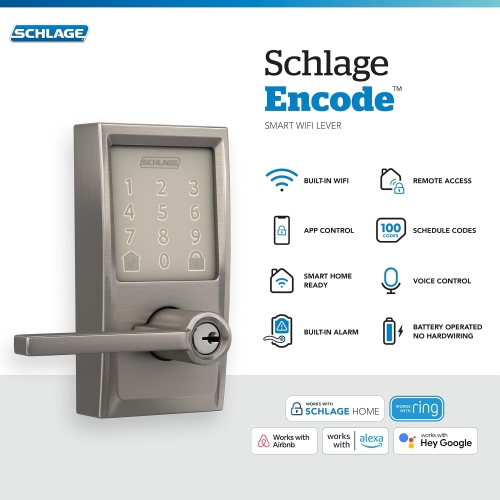 Schlage Encode WiFi Latitude Lever Smart Lock, Keyless Entry Touchscreen Door Lock with Century Trim in Satin Nickel