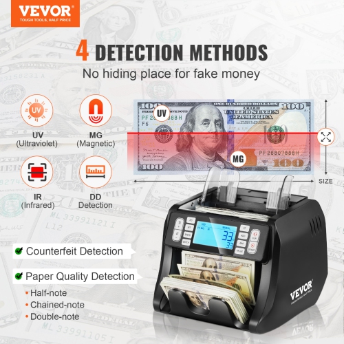 VEVOR Money Counter Machine, Bill Counter with UV, MG, IR and DD Counterfeit Detection, USD & EUR Cash Counting Machine with Add and Batch Modes,