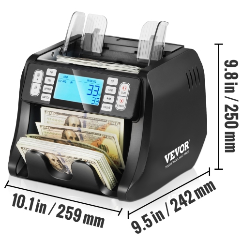 VEVOR Money Counter Machine, Bill Counter with UV, MG, IR and DD Counterfeit Detection, USD & EUR Cash Counting Machine with Add and Batch Modes,