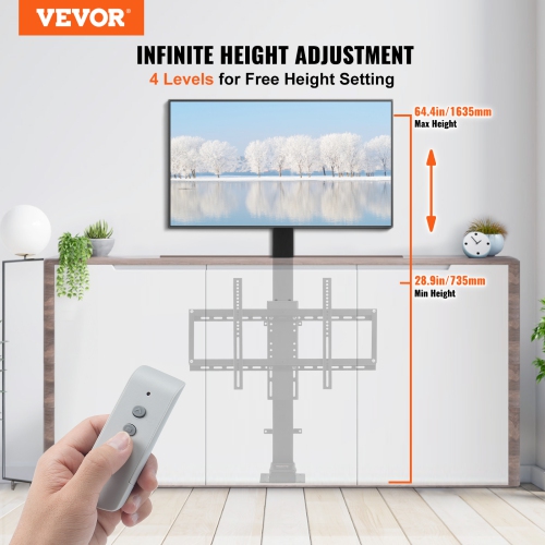 VEVOR 39.4 Inches Motorized TV Lift Stroke Length Motorized TV Mount Fit for 32-70 Inch TV Lift with Remote Control Height Adjustable 28.74-68.11