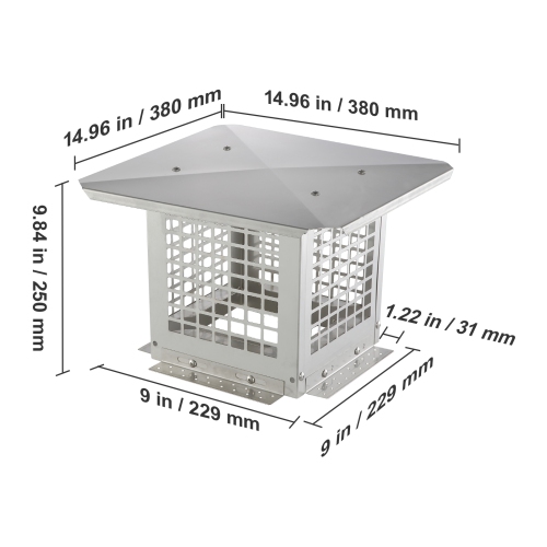 VEVOR 9 x 9 inch Chimney Cap, 304 Stainless Steel Fireplace Chimney Cover, Not Easily Toppled & Practical Accessories, Fits Mesh Flue Covers Outside