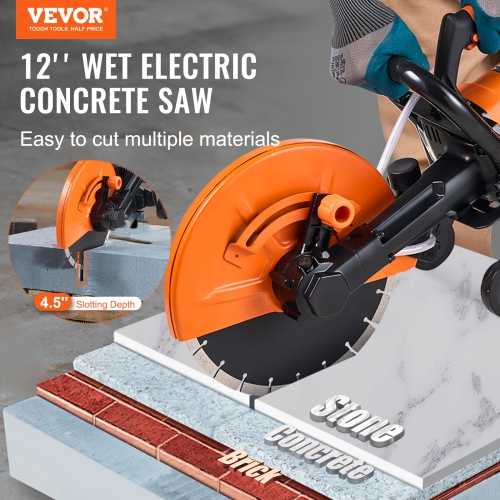 VEVOR 12 in Electric Concrete Saw, 1800 W 15 A Motor Circular Saw Cutter with Max. 4.5 in Adjustable Cutting Depth, Wet Disk Saw Cutter Includes