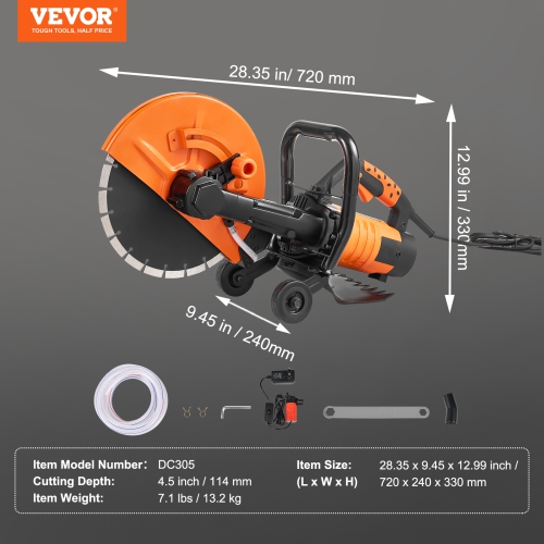VEVOR 12 in Electric Concrete Saw, 1800 W 15 A Motor Circular Saw Cutter with Max. 4.5 in Adjustable Cutting Depth, Wet Disk Saw Cutter Includes