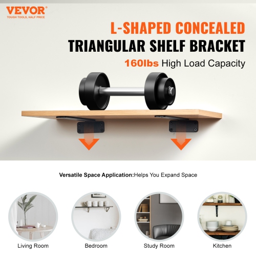 VEVOR 10”L x 4”W x 1.6”H Shelf Bracket, 6 Pcs Heavy Duty Floating Shelf Brackets, 5mm Thick Matte Black L Shelf Bracket,Steel Shelving Brackets with