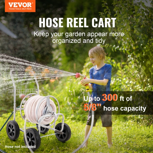 VEVOR 4 Wheels Hose Reel Cart, Hold Up to 300 ft of 5/8’’ Hose, Garden Water Hose Carts Mobile Tools, Heavy Duty Powder-coated Steel Outdoor Planting