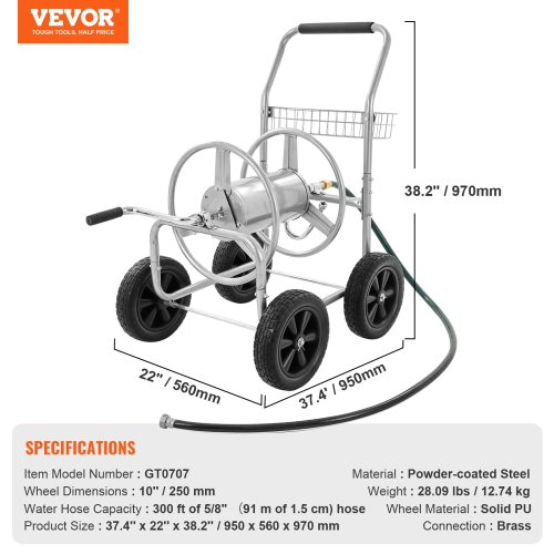 VEVOR 4 Wheels Hose Reel Cart, Hold Up to 300 ft of 5/8’’ Hose, Garden Water Hose Carts Mobile Tools, Heavy Duty Powder-coated Steel Outdoor Planting