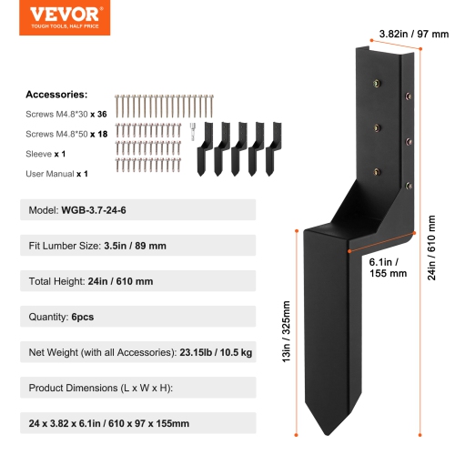 VEVOR 6 Pack Fence Post Anchor Repair Kit, Inner Diameter 3.5 x3.5 Inches Heavy Duty Steel Fence Post Support Stakes, Anchor Ground Spike for Repair