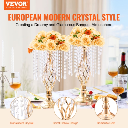 VEVOR 20PCS 43cm/16.9" Tall Crystal Wedding Flower Stand,Metal Wedding Centerpiece Vase, Gold Flower Holders Floral Display Rack for Tables Wedding