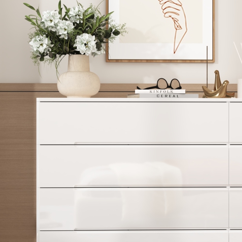 Famapy High-Gloss 8-Drawer Dresser with LED Light Strip and Grooved Handles, Modern Storage Cabinet for Bedroom or Living Room, White