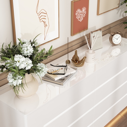 Famapy High-Gloss 8-Drawer Dresser with LED Light Strip and Grooved Handles, Modern Storage Cabinet for Bedroom or Living Room, White