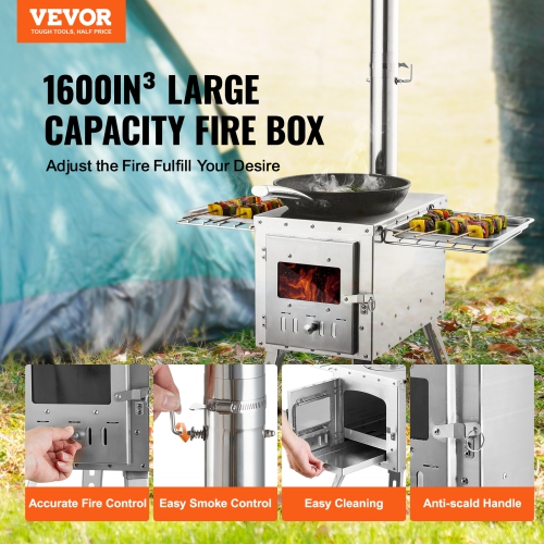 VEVOR 86 inch Wood Stove, Stainless Steel Camping Tent Stove,Portable Wood Burning Stove with Chimney Pipes & Gloves, 1646in³Firebox Hot Tent Stove