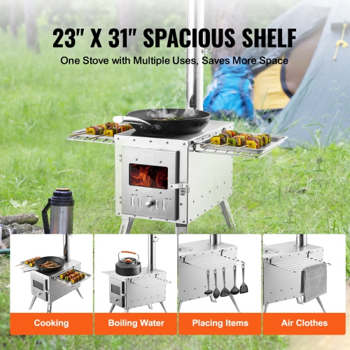 VEVOR 86 inch Wood Stove, Stainless Steel Camping Tent Stove,Portable Wood Burning Stove with Chimney Pipes & Gloves, 1646in³Firebox Hot Tent Stove