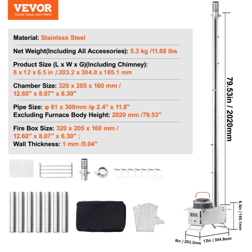 VEVOR 80 inch Wood Stove,Stainless Steel Camping Tent Stove, Portable Wood Burning Stove with Chimney Pipes & Gloves, 700in³Firebox Hot Tent Stove