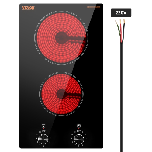 VEVOR 12 inch 2 Burners Built-in Electric Stove Top, 3000W Ceramic Top Radiant Cooktop, with Glass Panel, Knob Control, 11 Heat Levels, 220-240V,