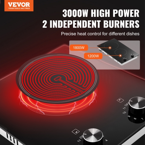 VEVOR 12 inch 2 Burners Built-in Electric Stove Top, 3000W Ceramic Top Radiant Cooktop, with Glass Panel, Knob Control, 11 Heat Levels, 220-240V,