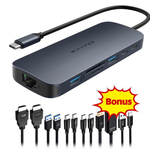 HyperDrive Next 10 Port USB-C Hub for MacBook Pro/Air, with 6 Essential Cables, 4K HDMI, 100W PD, Gigabit Ethernet