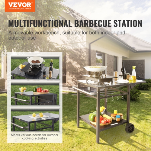 VEVOR 2 Wheels Outdoor Grill Dining Cart with Double-Shelf, BBQ Movable Food Prep Table, Multifunctional Foldable Iron Table Top, Portable Modular