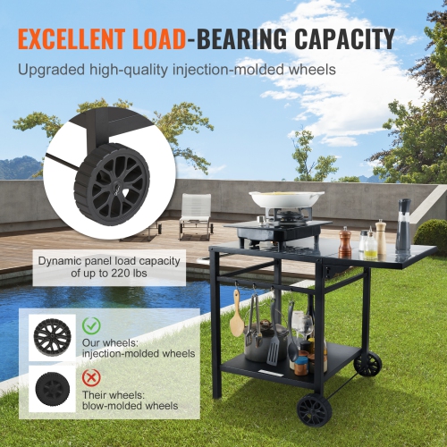 VEVOR 2 Wheels Outdoor Grill Dining Cart with Double-Shelf, BBQ Movable Food Prep Table, Multifunctional Foldable Iron Table Top, Portable Modular