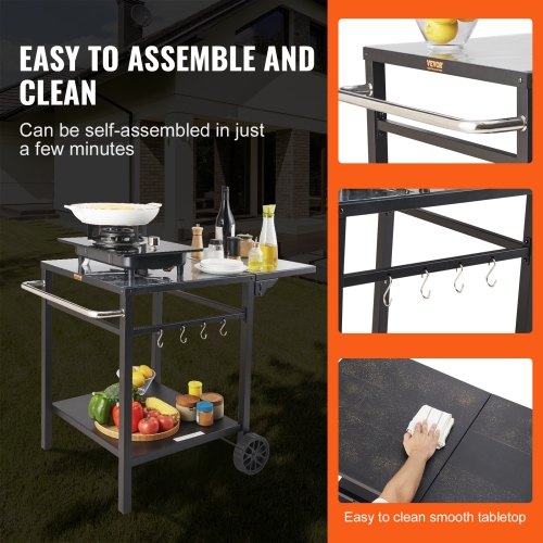 VEVOR 2 Wheels Outdoor Grill Dining Cart with Double-Shelf, BBQ Movable Food Prep Table, Multifunctional Foldable Iron Table Top, Portable Modular