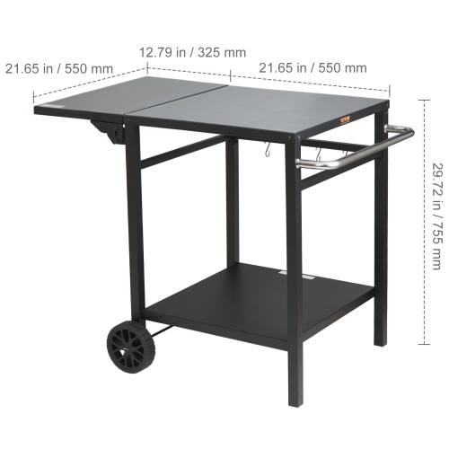 VEVOR 2 Wheels Outdoor Grill Dining Cart with Double-Shelf, BBQ Movable Food Prep Table, Multifunctional Foldable Iron Table Top, Portable Modular