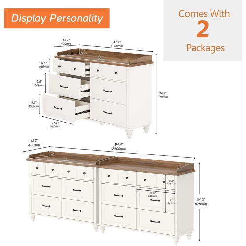 Dresser For Bedroom With 6 Drawers, Kids Dressers With Wide Chest Of Drawers For Nursery, Living Room, Kids Room(Set Of 2)