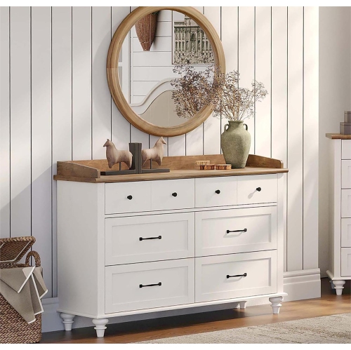 WAMPAT Off White Dresser for Bedroom with 6 Drawers, Wooden Kids Dressers with Wide Chest of Drawers, Mid Century Modern Closet Storage Organizer for