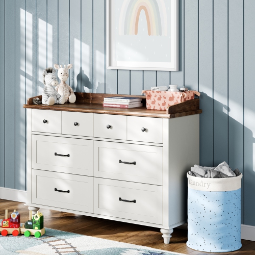 WAMPAT Off White Dresser for Bedroom with 6 Drawers, Wooden Kids Dressers with Wide Chest of Drawers, Mid Century Modern Closet Storage Organizer for