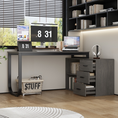 Famapy Modern L-Shaped Computer Desk with Drawers & Storage Shelves, Space-Saving Workstation for Home Office or Study, Grey
