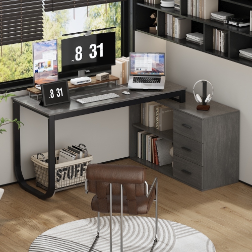 Famapy Modern L-Shaped Computer Desk with Drawers & Storage Shelves, Space-Saving Workstation for Home Office or Study, Grey