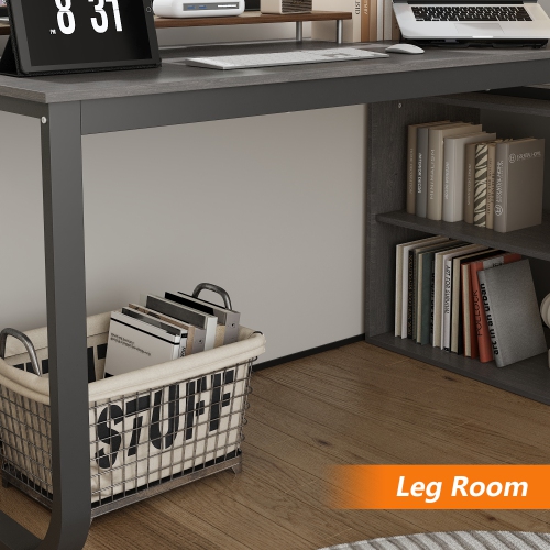 Famapy Modern L-Shaped Computer Desk with Drawers & Storage Shelves, Space-Saving Workstation for Home Office or Study, Grey