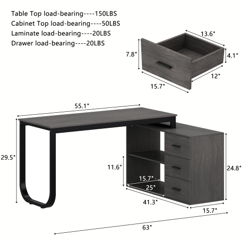 Famapy Modern L-Shaped Computer Desk with Drawers & Storage Shelves, Space-Saving Workstation for Home Office or Study, Grey