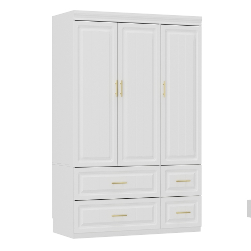 Famapy Modern 3-Door Wardrobe Armoire with 4 Drawers, Hanging Rod & Adjustable Shelves, MDF Construction, Gold Handles,, White