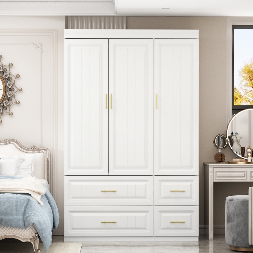 Famapy Modern 3-Door Wardrobe Armoire with 4 Drawers, Hanging Rod & Adjustable Shelves, MDF Construction, Gold Handles,, White