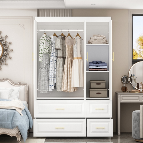 Famapy Modern 3-Door Wardrobe Armoire with 4 Drawers, Hanging Rod & Adjustable Shelves, MDF Construction, Gold Handles,, White