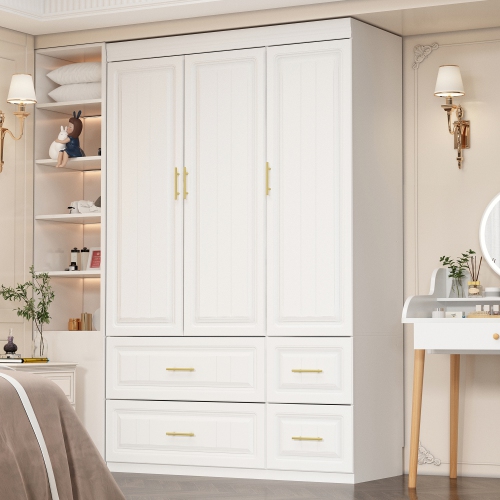 Famapy Modern 3-Door Wardrobe Armoire with 4 Drawers, Hanging Rod & Adjustable Shelves, MDF Construction, Gold Handles,, White