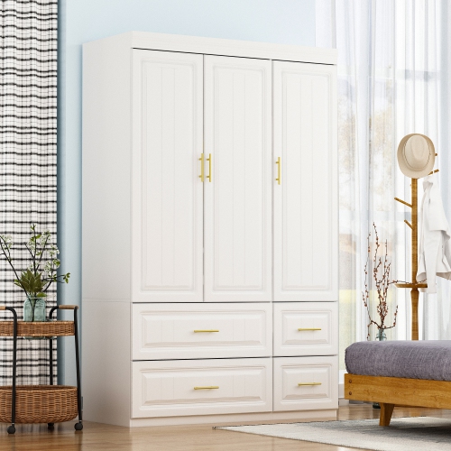 Famapy Modern 3-Door Wardrobe Armoire with 4 Drawers, Hanging Rod & Adjustable Shelves, MDF Construction, Gold Handles,, White