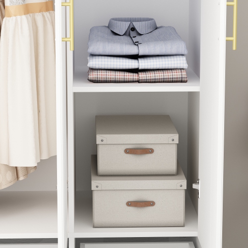 Famapy Modern 3-Door Wardrobe Armoire with 4 Drawers, Hanging Rod & Adjustable Shelves, MDF Construction, Gold Handles,, White