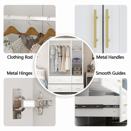 Famapy Modern 3-Door Wardrobe Armoire with 4 Drawers, Hanging Rod & Adjustable Shelves, MDF Construction, Gold Handles,, White