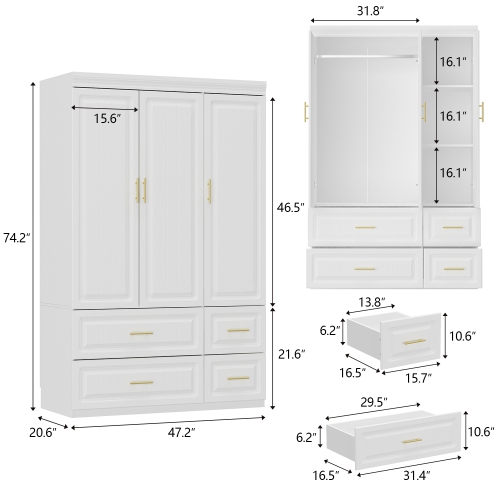 Famapy Modern 3-Door Wardrobe Armoire with 4 Drawers, Hanging Rod & Adjustable Shelves, MDF Construction, Gold Handles,, White