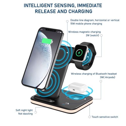 Wireless Charging Station with Night 4 In 1 Charging Station for Multiple Devices 15W Wireless Charger Stand IOS/Android