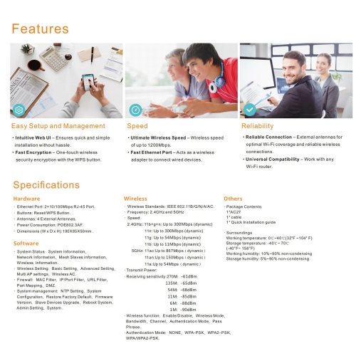 1200Mbps Repetidor WiFi Banda Dupla Sem Fio-AC Roteador WiFi Amplificador AP Extensor 4 Antenas Para Home Office