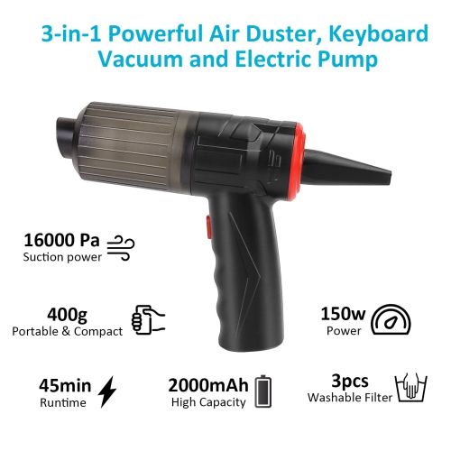 Mini Vacuum 3 in 1 Hand Vacuum and Cordless Compressed Air Duster 16000Pa Desk Vacuum 150W Powerful Air Blower