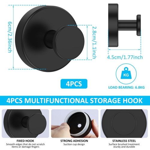4Pcs Suction Cup Hooks Holds up to 15lbs, Durable Shower Suction Hanger for Shower, Bathroom, Hanging Towels, Robe