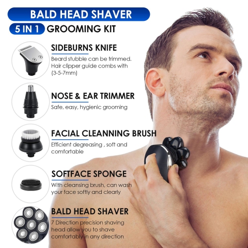 5 in 1 Electric Shaver for Men-Bald Head, Beard Trimmer, Nose Hair, Grooming Kit