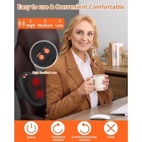 Shiatsu Back and Neck Massager Cordless Rechargeable 3D Kneading Massage Pillow with Heat for Muscle Pain Relief