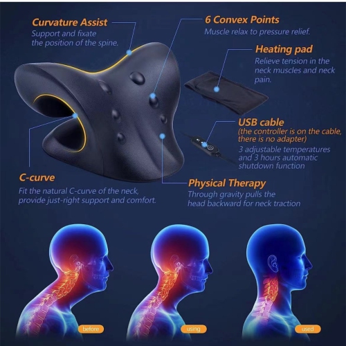 Heated Cervical Traction Device Pillow with Graphene Heating Pad, Neck and Shoulder Relaxer for Cervical Spine Alignment(Black)