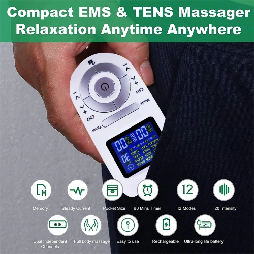 Tens Machine 12 Modes Electric Body Pulse Massager Digital Therapy Machine EMS Muscle Stimulator with Electrodes Pads Tens Unit