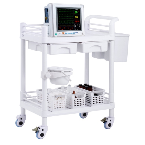 VEVOR 2 Tiers Lab Carts, Lab Utility Cart with 2 Trays, 2 Drawers & 4 Silent Wheels, Mobile Medical Cart with PP Material, Lab Rolling Cart with 3