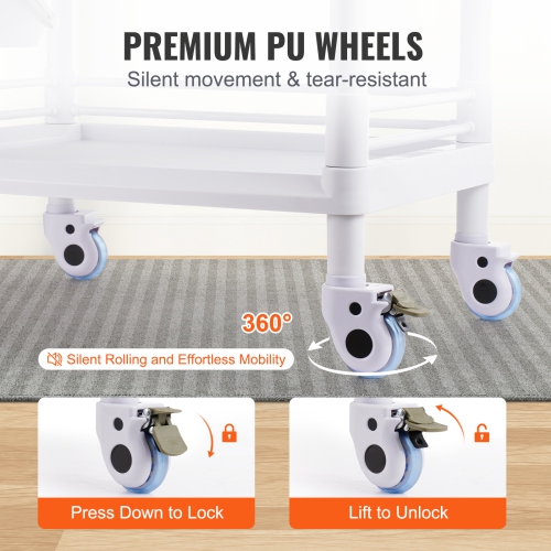 VEVOR 2 Tiers Lab Carts, Lab Utility Cart with 2 Trays, 2 Drawers & 4 Silent Wheels, Mobile Medical Cart with PP Material, Lab Rolling Cart with 3