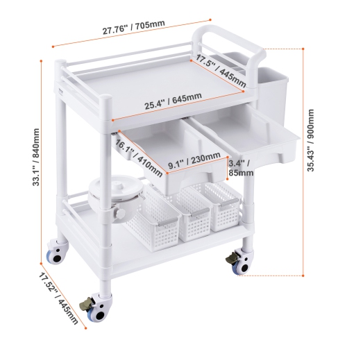 VEVOR 2 Tiers Lab Carts, Lab Utility Cart with 2 Trays, 2 Drawers & 4 Silent Wheels, Mobile Medical Cart with PP Material, Lab Rolling Cart with 3